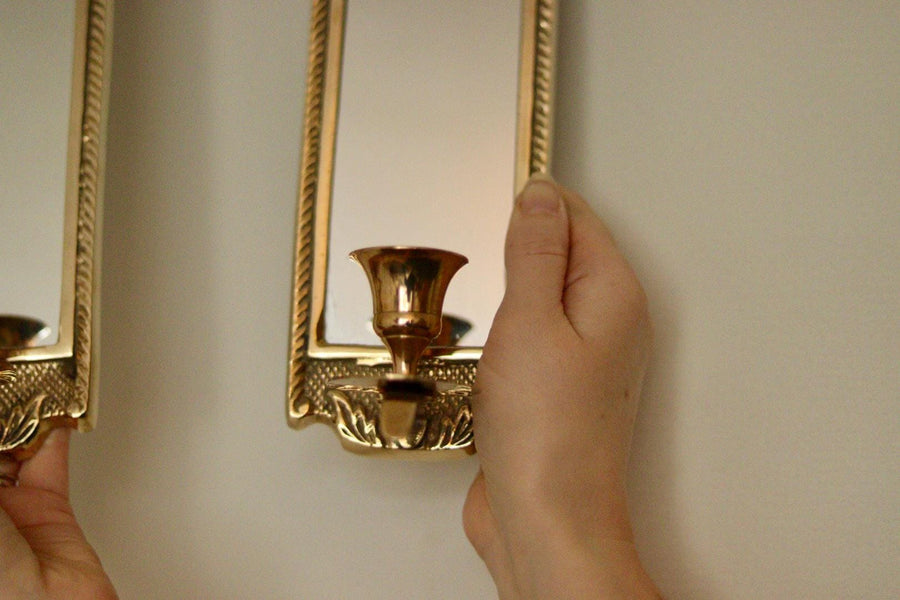 Pair of Mid-Century Swedish Brass Sconces with Mirror