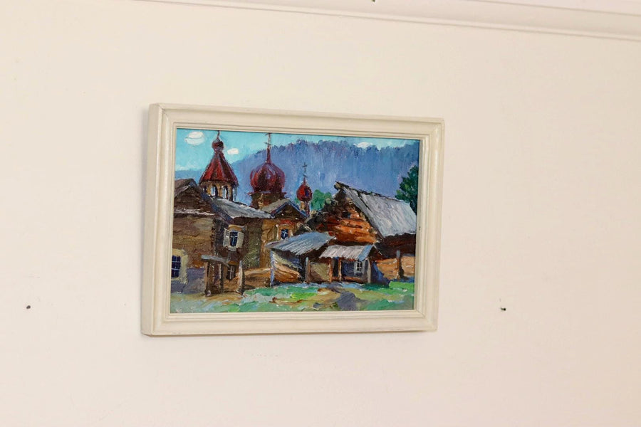 Original Mid Century Oil on Panel – “Church and Huts”