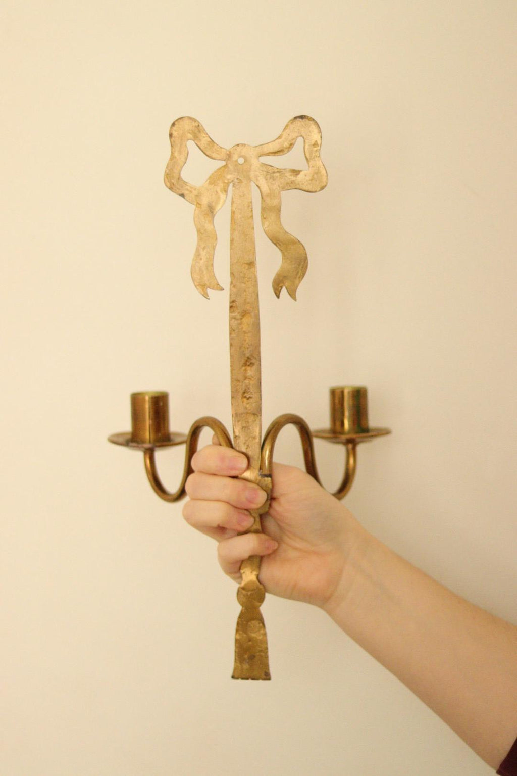 Pair of Vintage French Brass Double Arm Bow Sconces