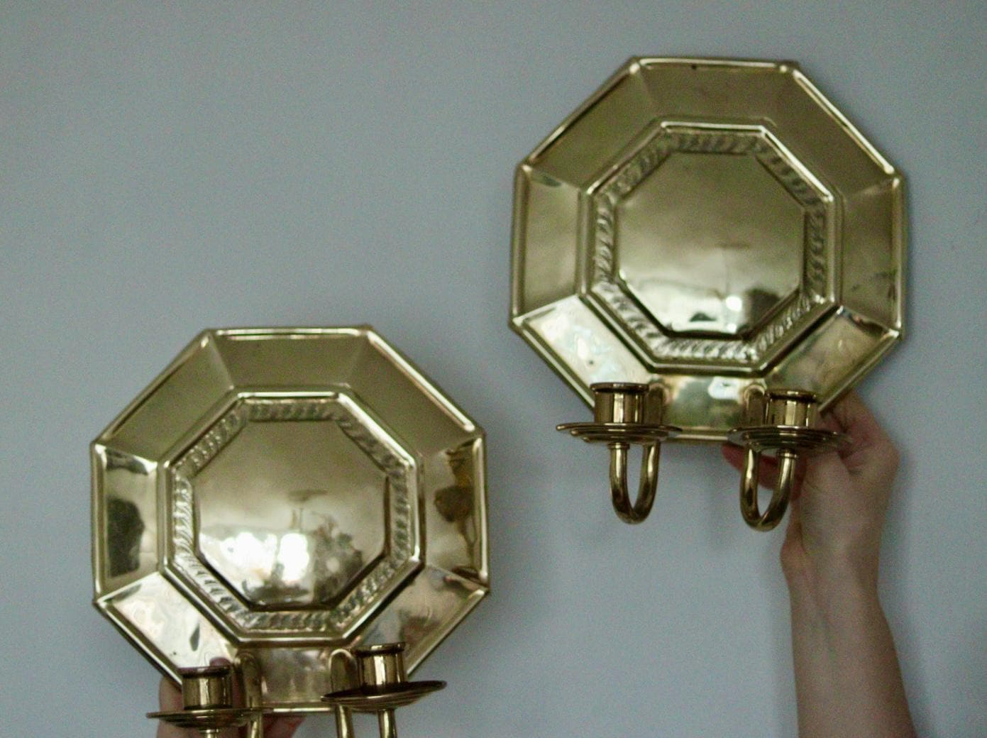 Pair of  Swedish Brass Octagonal Sconce with double arm Design