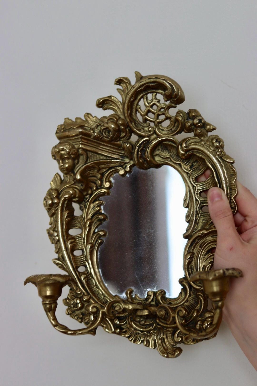 Pair of Swedish Brass Sconces with Mirror
