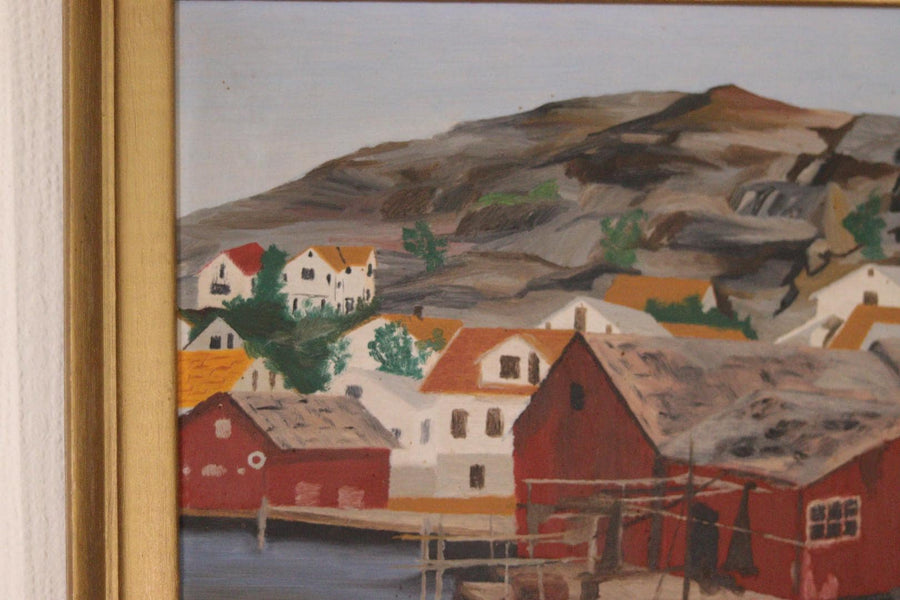 Original Mid-Century Swedish Oil On Panel – Coastal Town