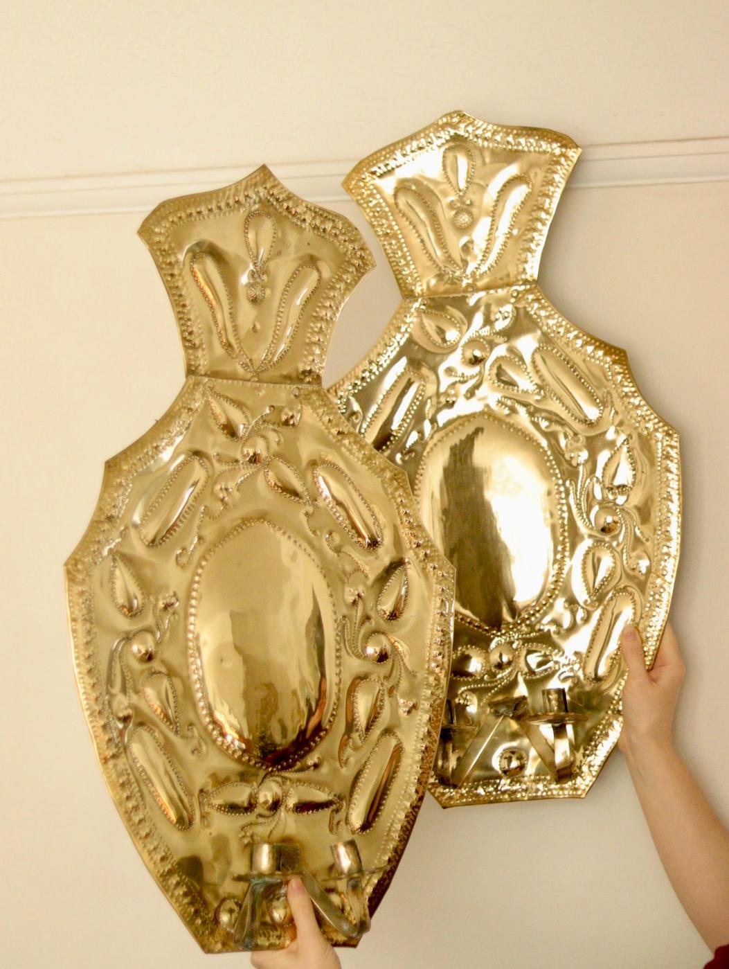 Pair Large baroque Style Mid Century Swedish Brass Sconces