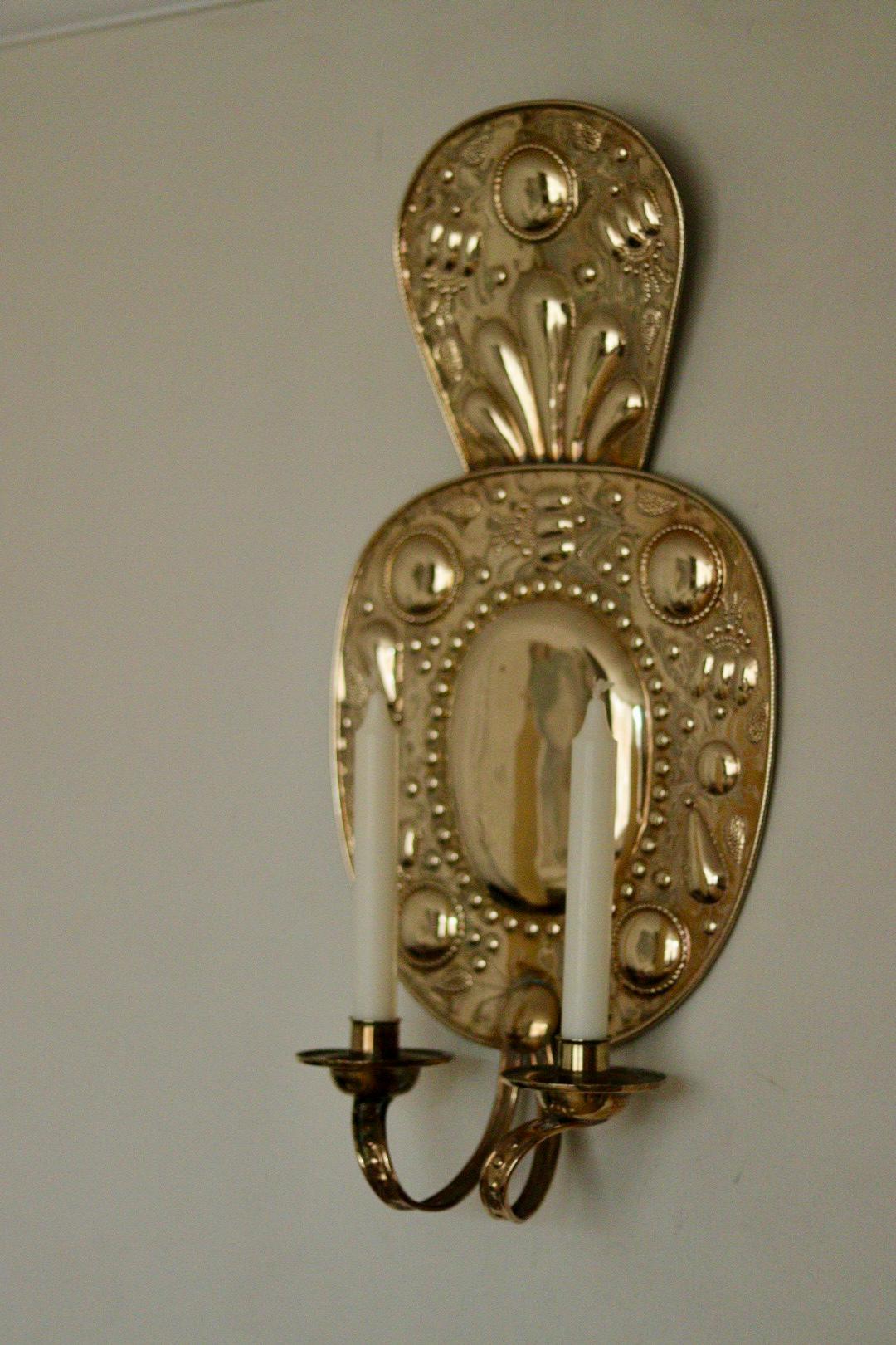 Pair of Large  Mid Century Swedish  Brass Baroque Sconces with double arm Design