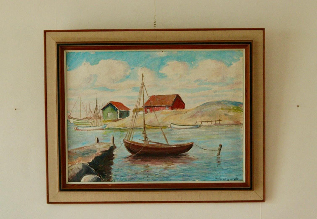 Vintage Panel Painting – “Boat and House Motif”