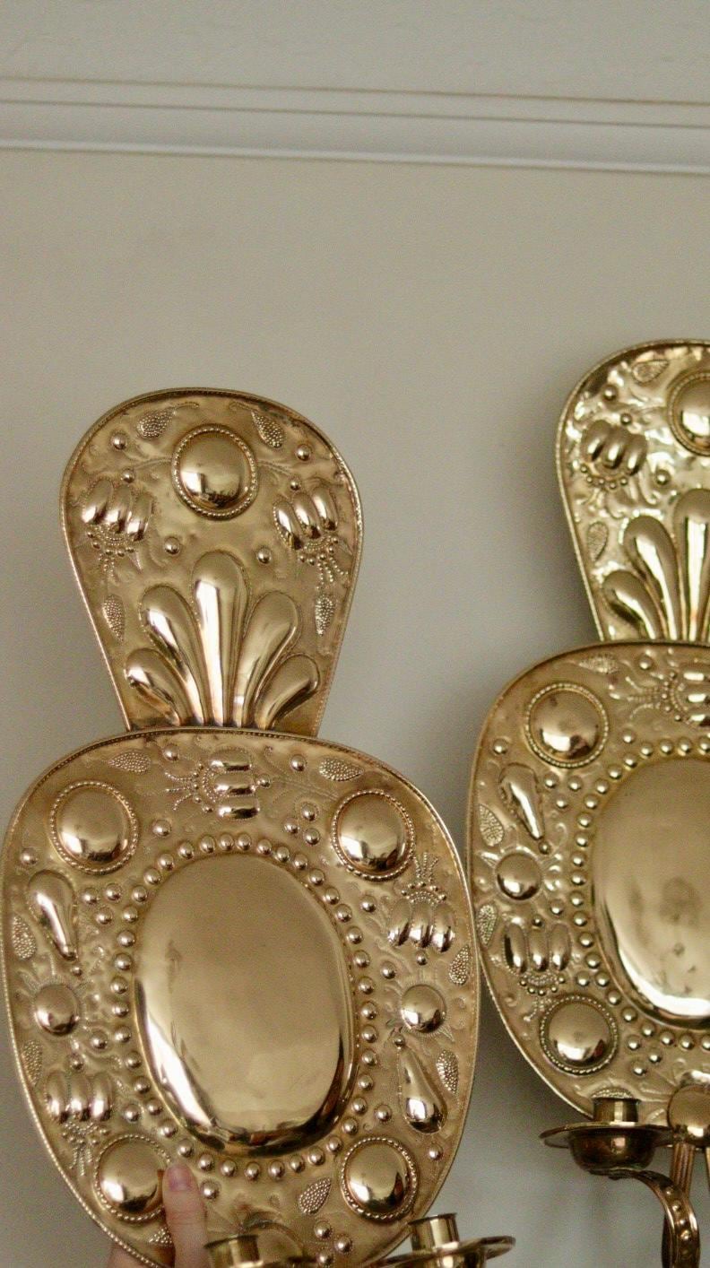 Pair of Large  Mid Century Swedish  Brass Baroque Sconces with double arm Design