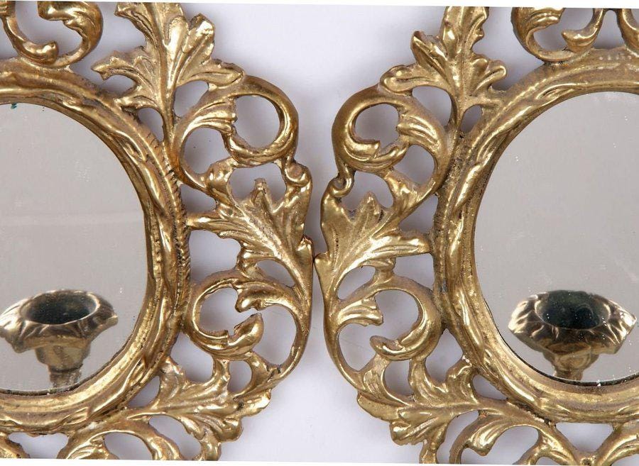 Pair of Antique French Brass Sconces with Mirror