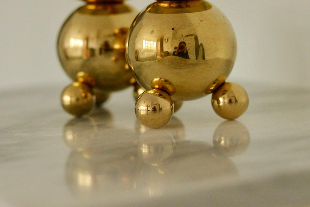 Pair of Mid-Century Swedish Heavy Brass Candle Holders by Gusum