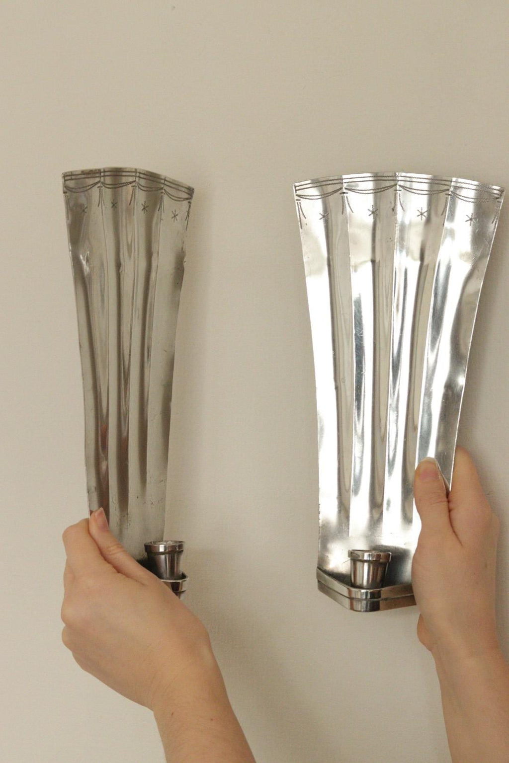 1925, Pair Of Early Century Swedish Pewter Sconces by Tage Fong‑Stedt