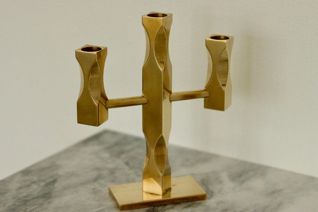 Swedish Brass Three Arm Candelabra by Lars Åkesson for Vallonmässing