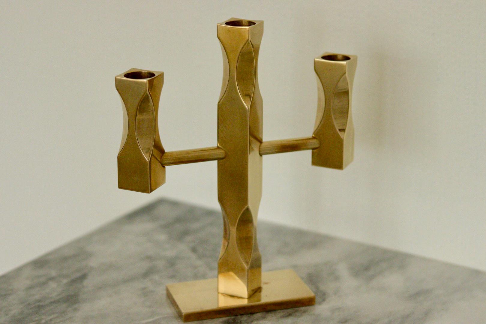 Swedish Brass Three Arm Candelabra by Lars Åkesson for Vallonmässing