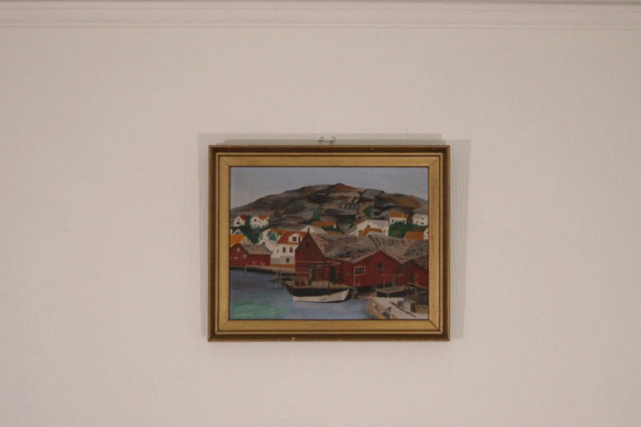 Original Mid-Century Swedish Oil On Panel – Coastal Town