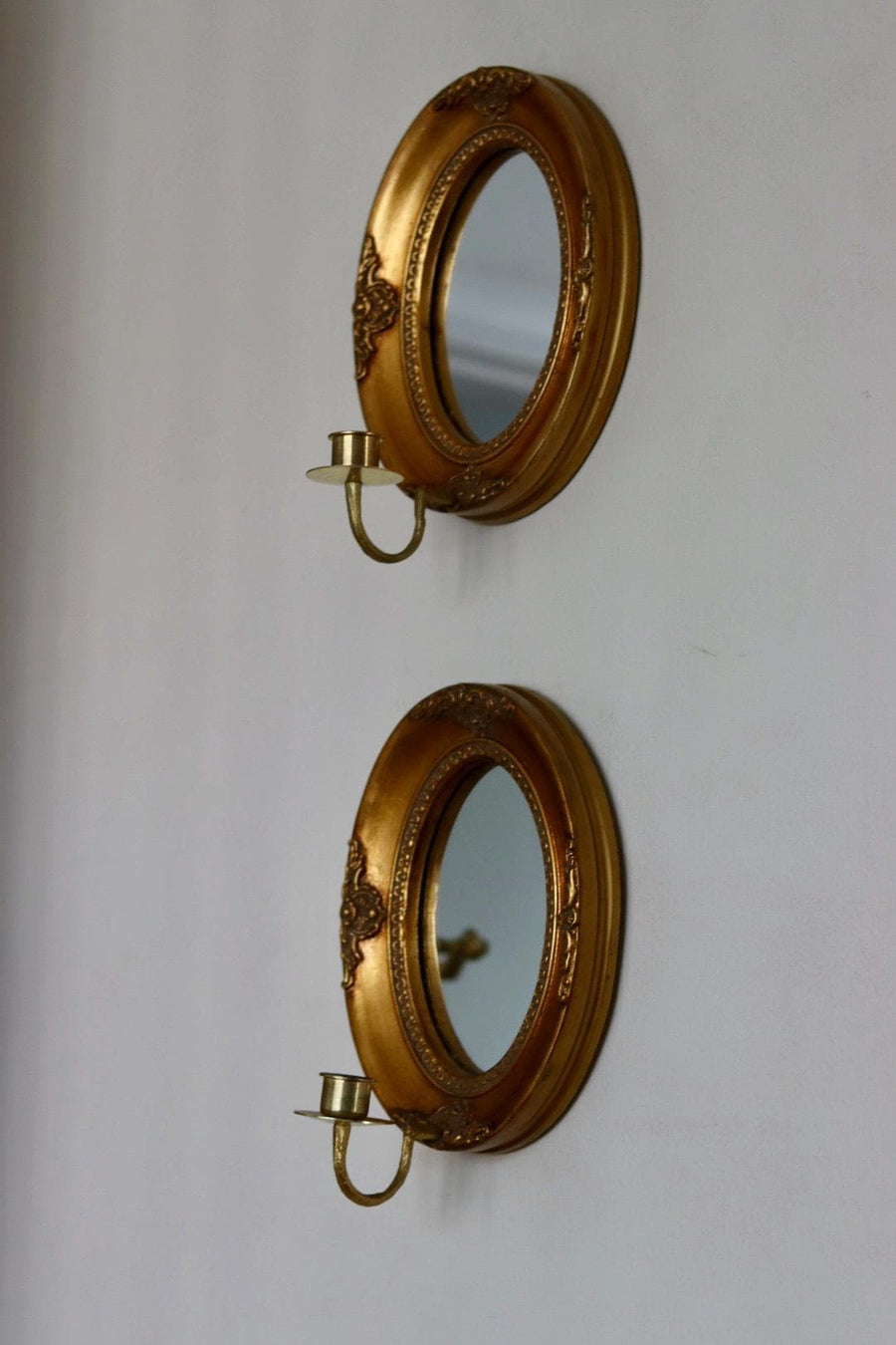 Pair of Mid Century Swedish Gilded Wooden Sconces with Mirror