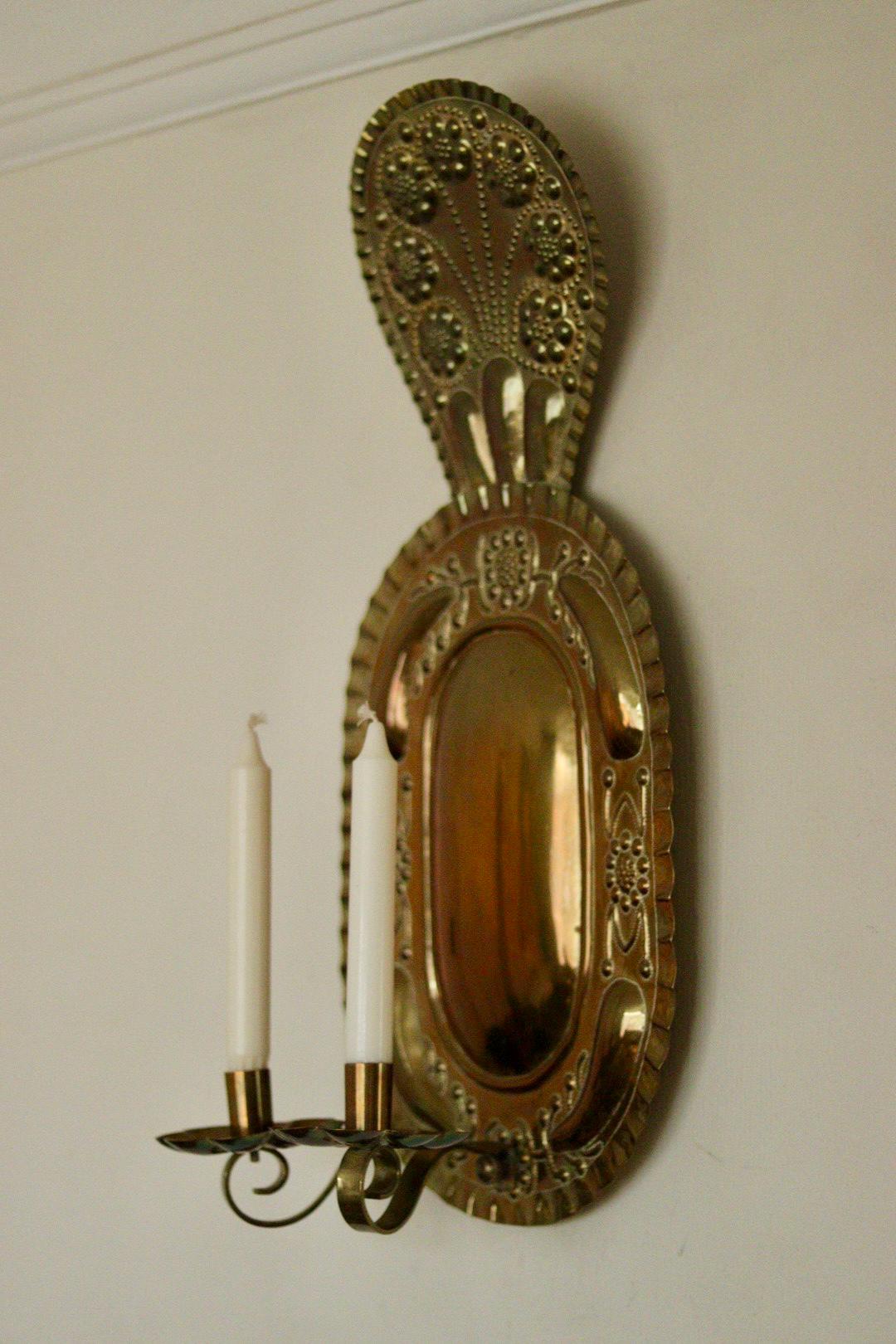 X-Large Mid-Century Swedish Brass Baroque Sconce with Double Arm Design