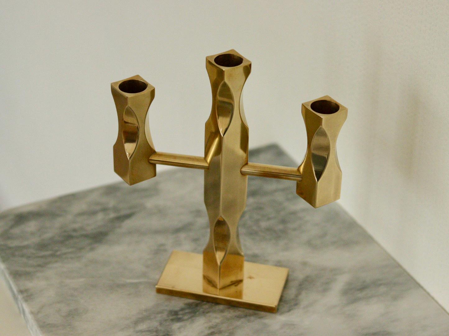 Swedish Brass Three Arm Candelabra by Lars Åkesson for Vallonmässing