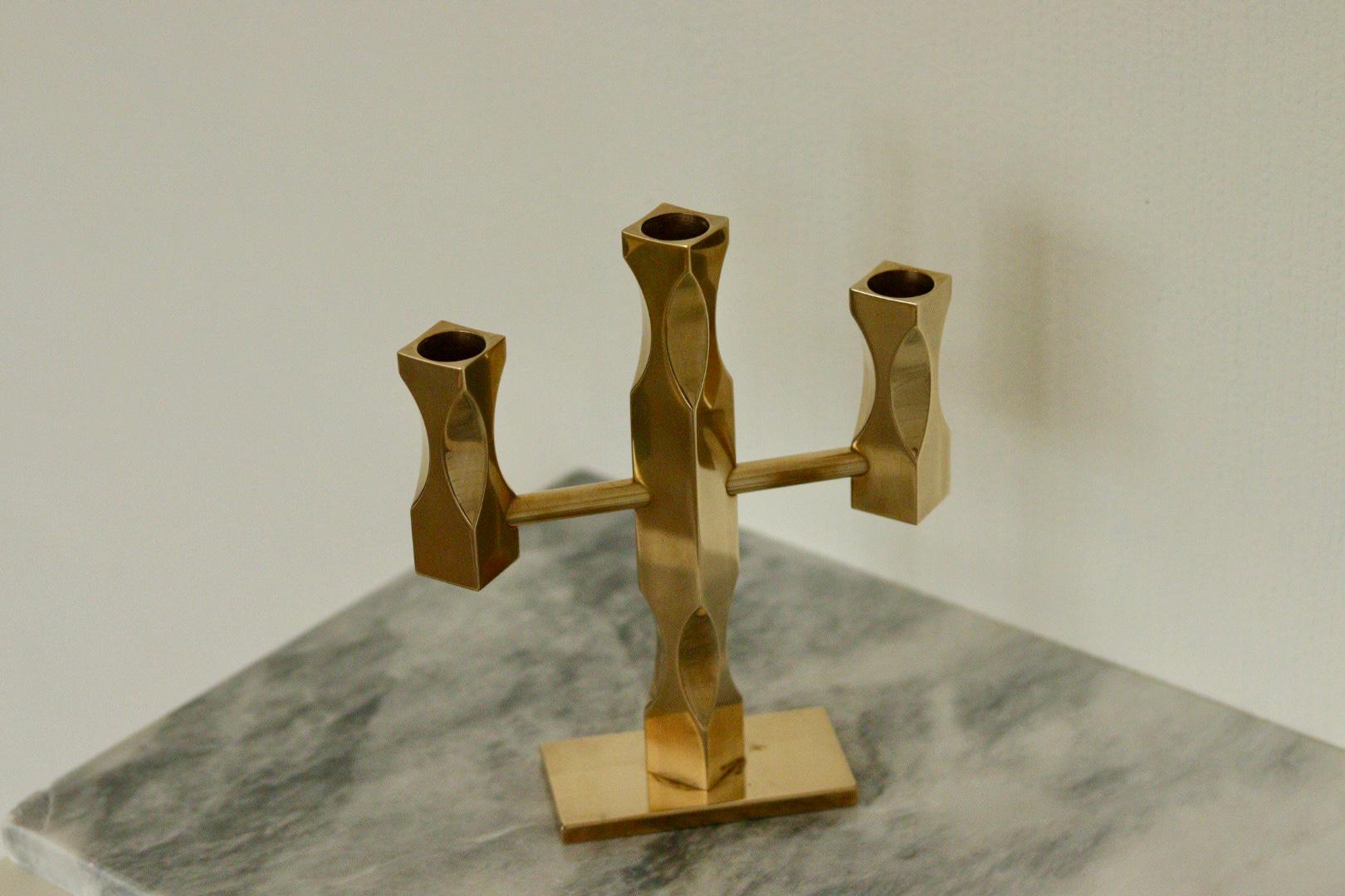 Swedish Brass Three Arm Candelabra by Lars Åkesson for Vallonmässing
