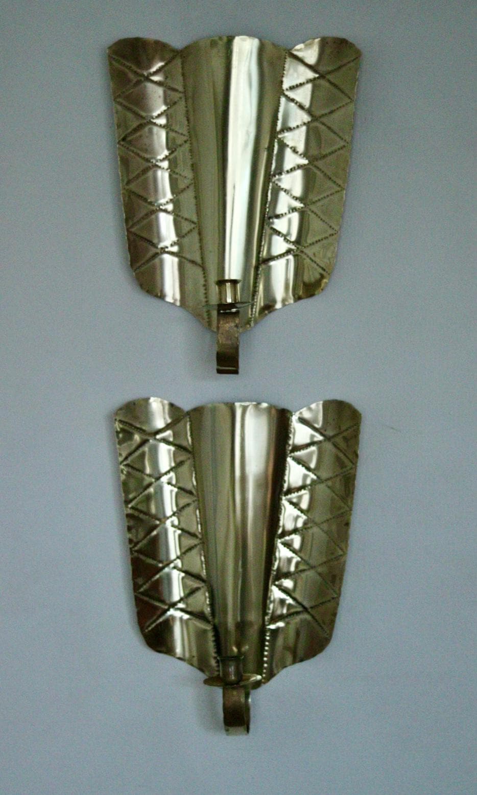 Pair of Mid-Century Swedish Brass Shield Shape Sconces