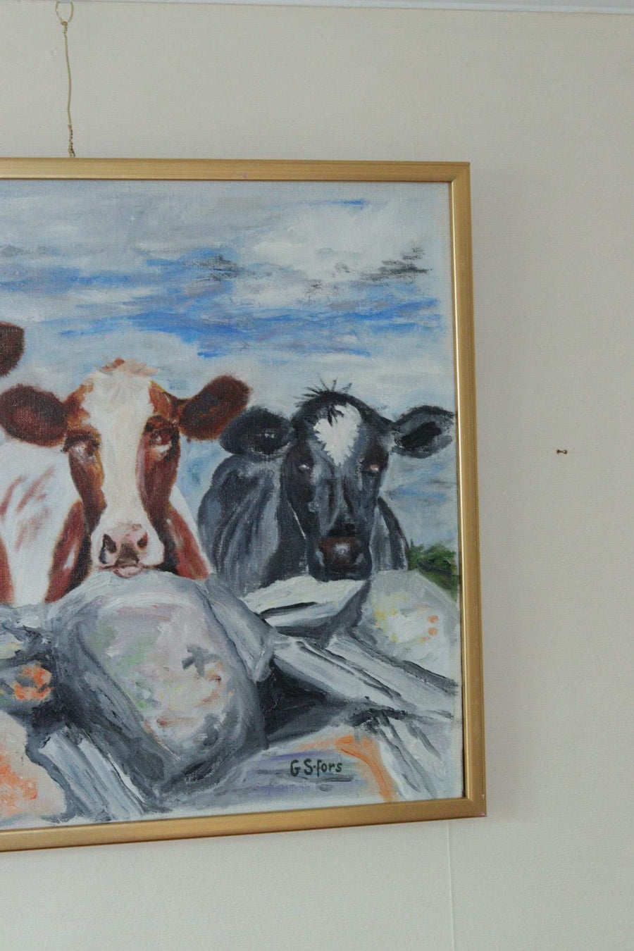 Original Modernist Swedish Acrylic on Canvas "Three Cows"