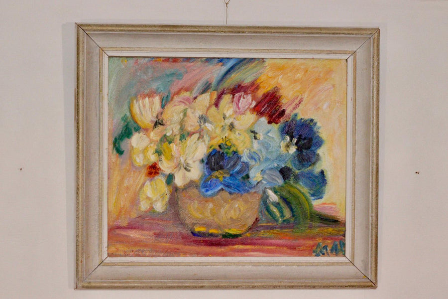 Original Swedish Mid-Century Oil On Panel Painting " Flowers "