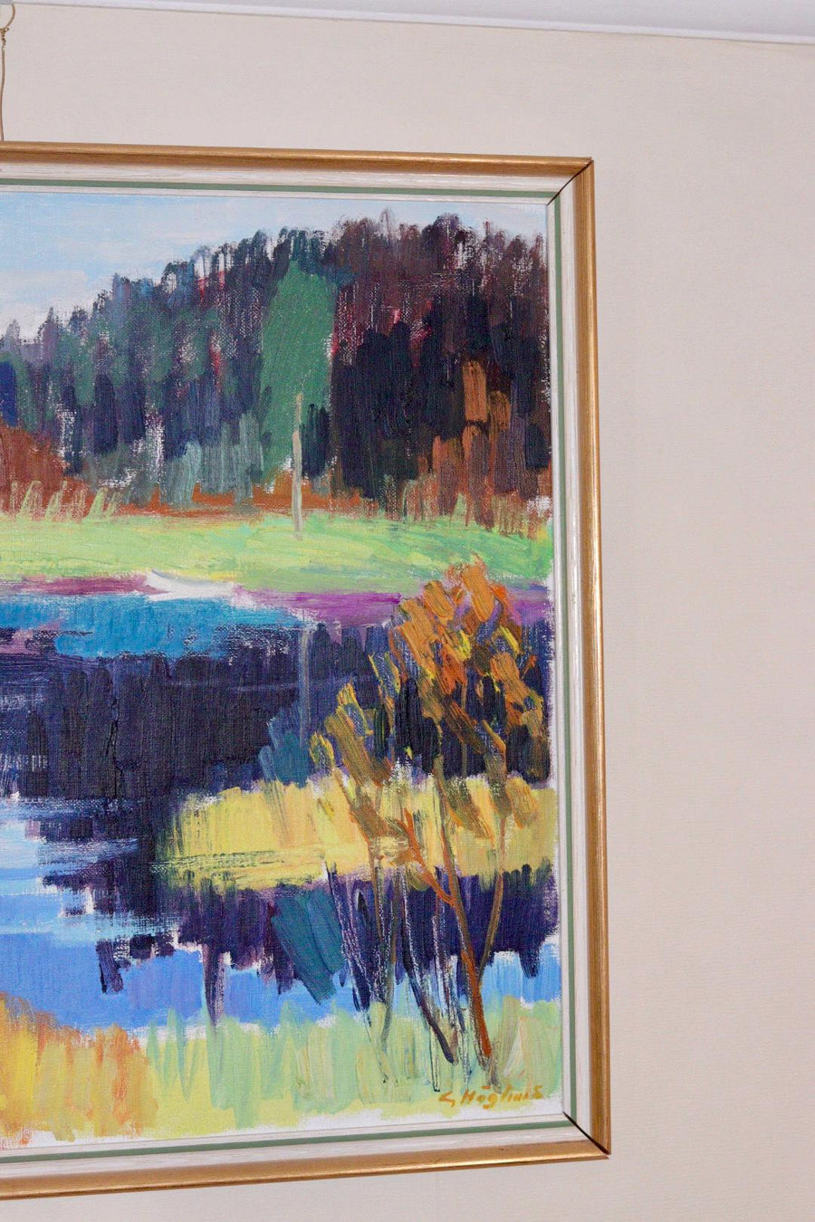 Mid-Century Original Swedish Oil on Canvas "By the Lake  " by Gustaf. Höglund