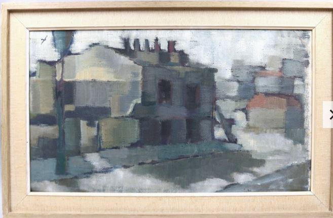 Mid-Century Original Swedish Oil on Canvas "Houses"