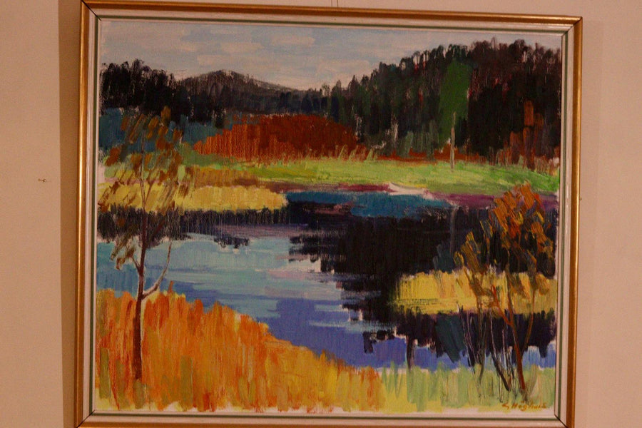 Mid-Century Original Swedish Oil on Canvas "By the Lake  " by Gustaf. Höglund