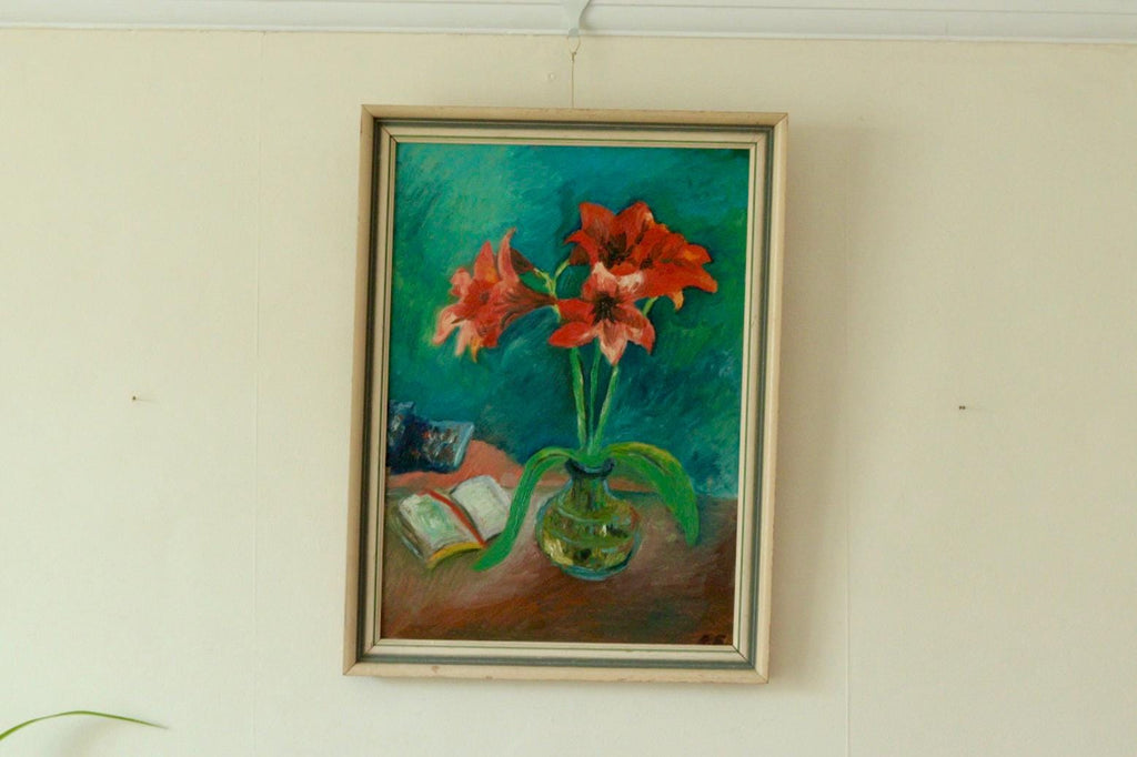 Original Mid Century Oil on Board – “Still Life with Flowers, Book and Object”