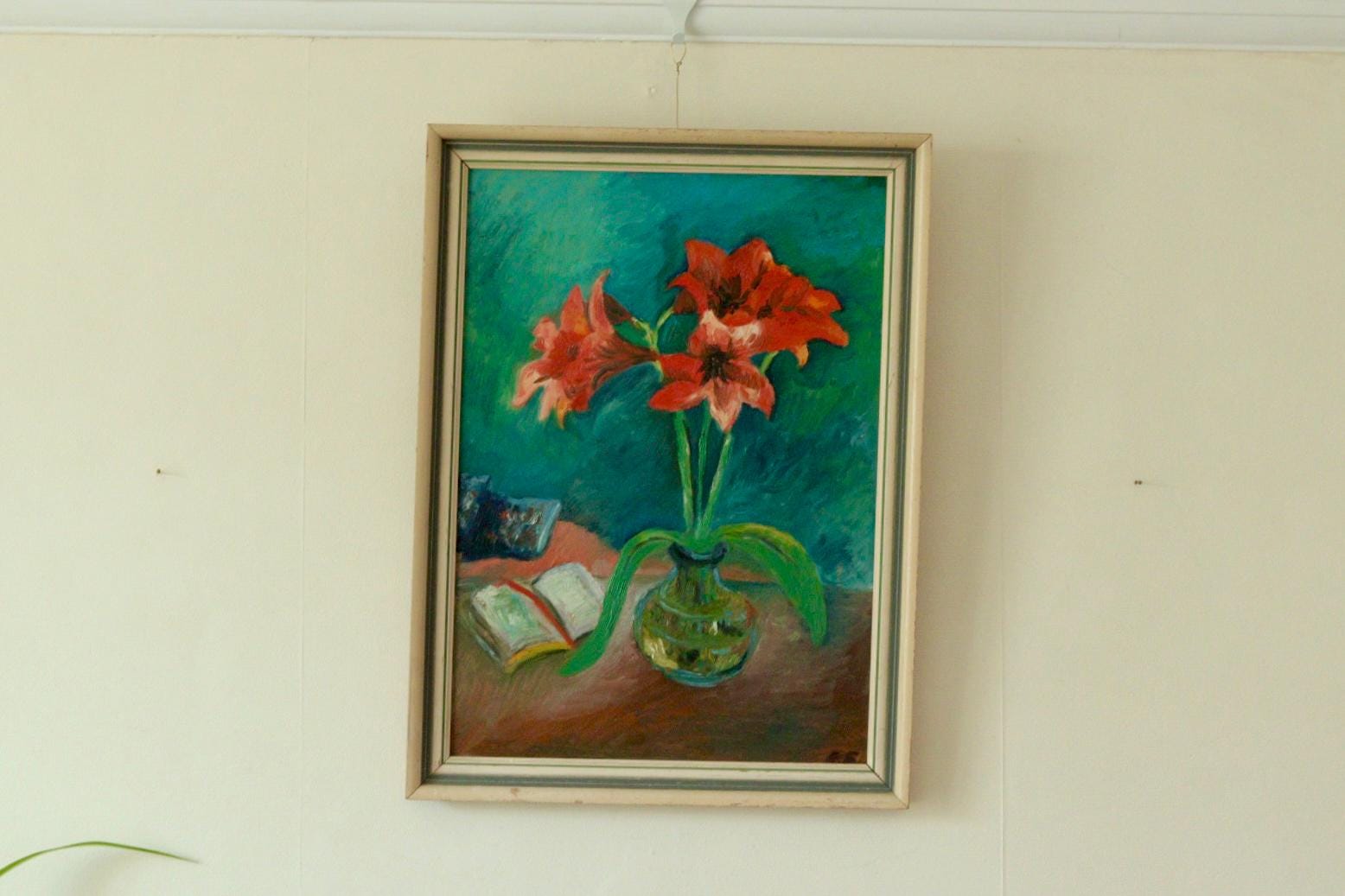 Original Mid Century Oil on Board – “Still Life with Flowers, Book and Object”