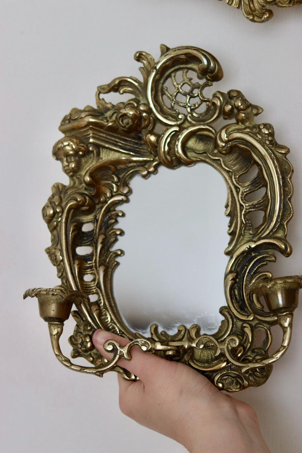 Pair of Swedish Brass Sconces with Mirror