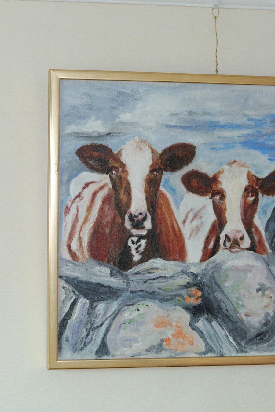 Original Modernist Swedish Acrylic on Canvas "Three Cows"