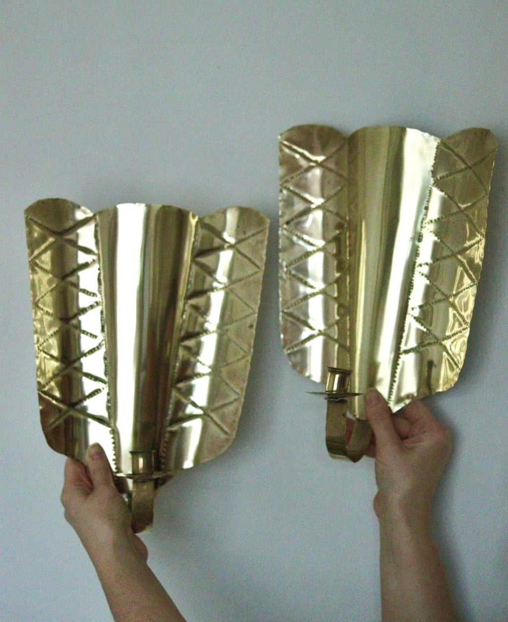 Pair of Mid-Century Swedish Brass Shield Shape Sconces