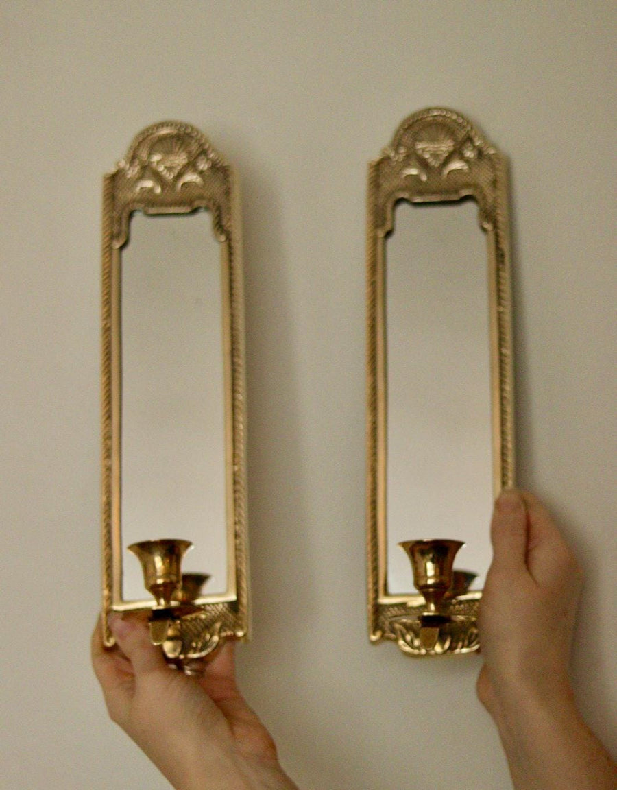 Pair of Mid-Century Swedish Brass Sconces with Mirror