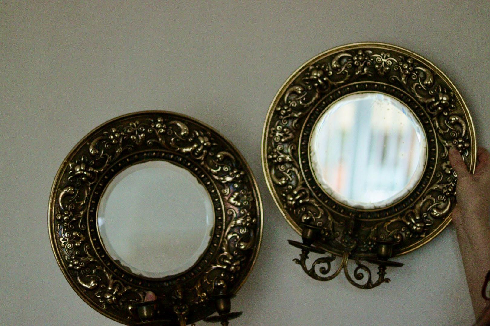 Pair of Antique Swedish Brass Sconces with Mirror