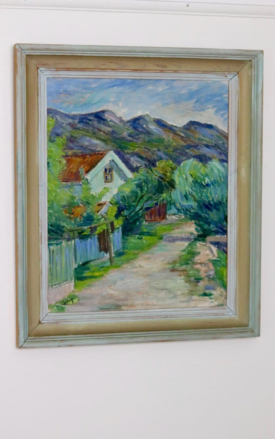 Mid-Century Original Oil on Panel "House in the Mountains"