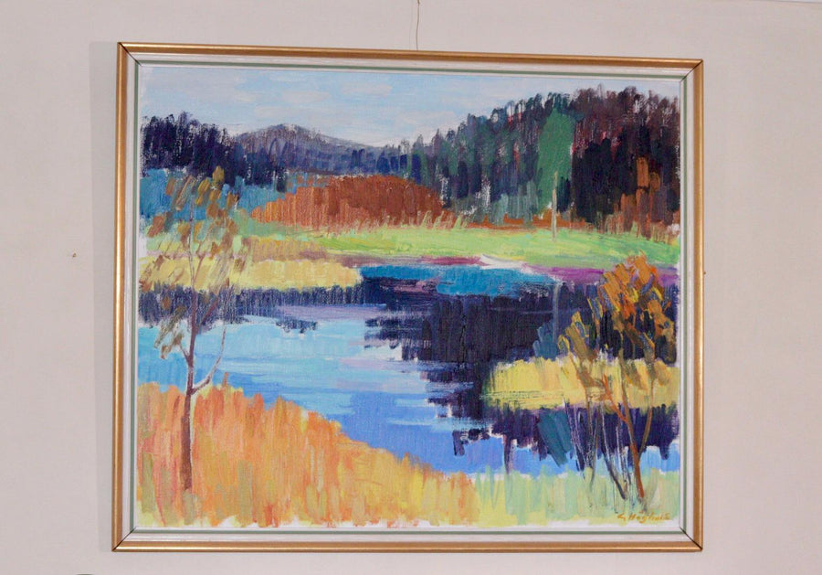 Mid-Century Original Swedish Oil on Canvas "By the Lake  " by Gustaf. Höglund
