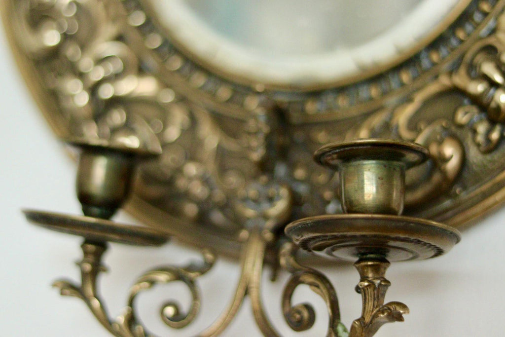 Pair of Antique Swedish Brass Sconces with Mirror