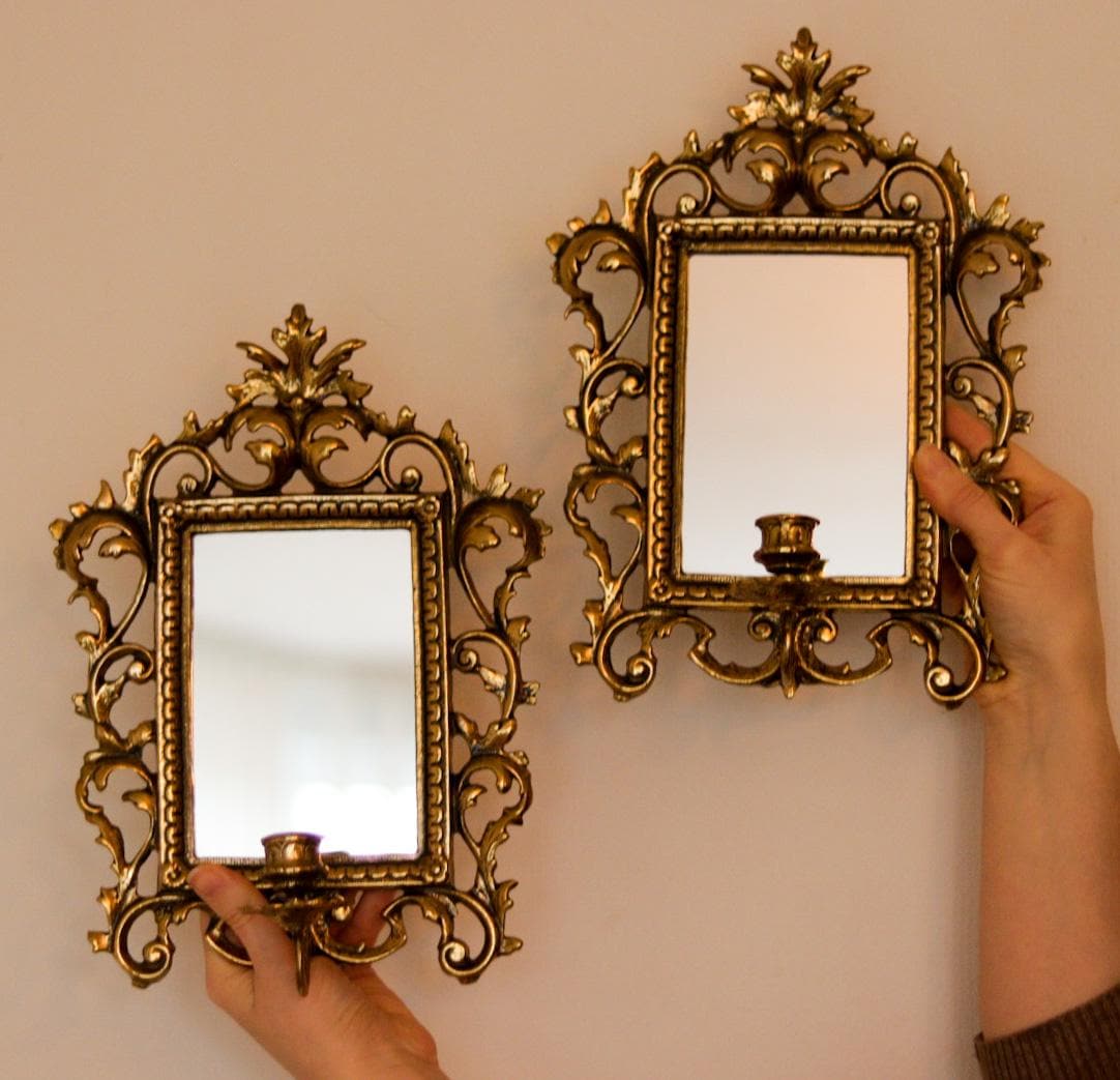 Pair of Swedish Brass Sconces with Mirror