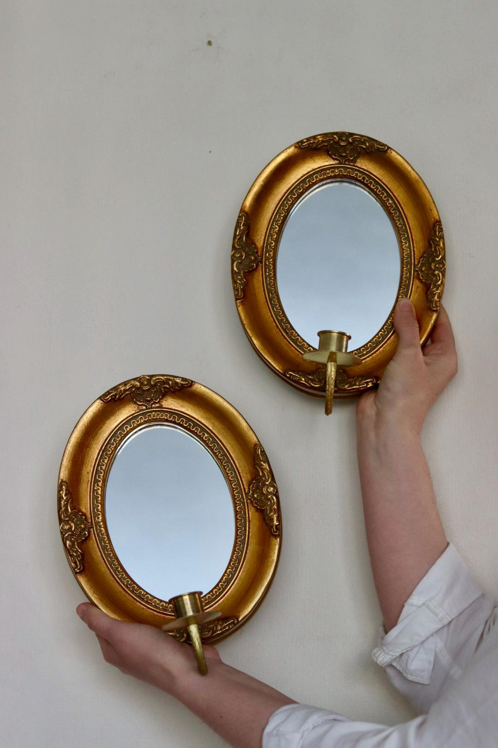 Pair of Vintage Swedish Gilded Wooden Sconces with Mirror