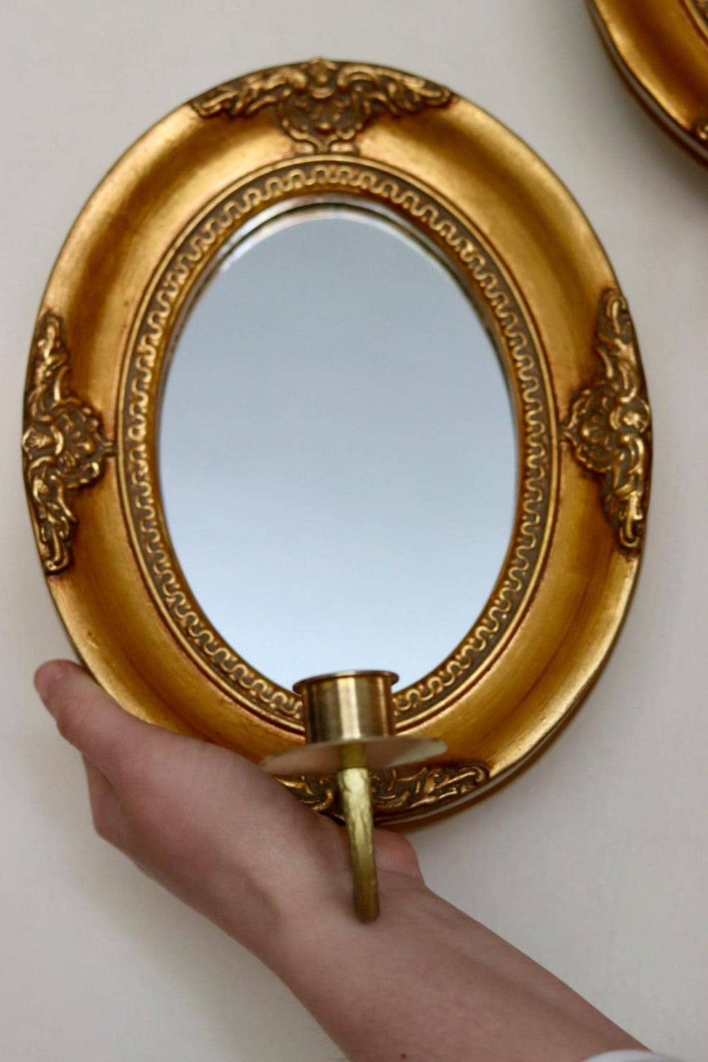 Pair of Vintage Swedish Gilded Wooden Sconces with Mirror