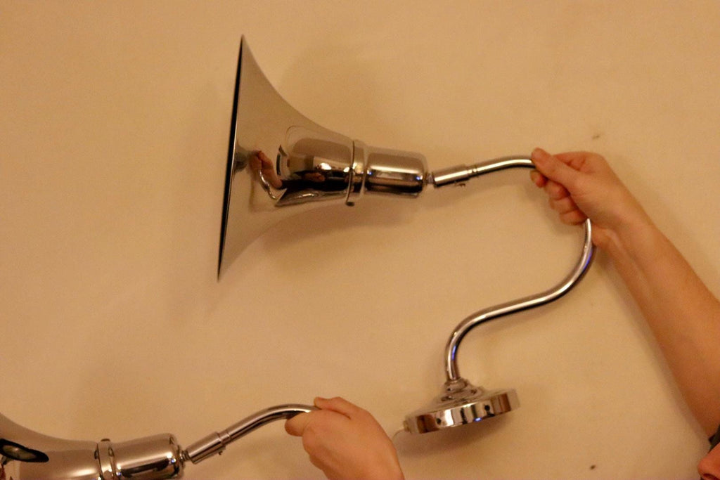 Danish 1960's Pair of Statement Trump Shape Lights in Chrome, designed by Börje Claes for Norlett Elit.