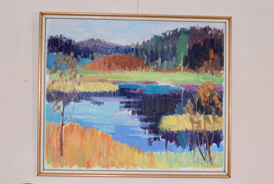 Mid-Century Original Swedish Oil on Canvas "By the Lake  " by Gustaf. Höglund