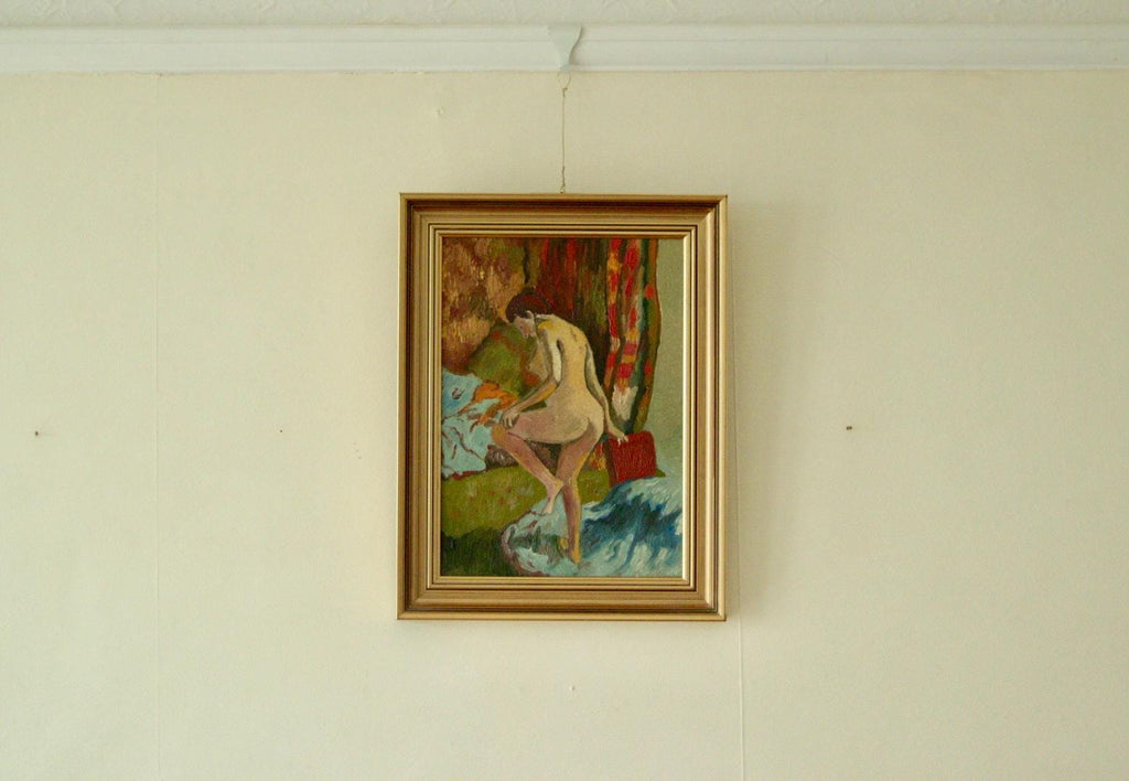 Original Swedish Oil on Panel Painting – Nude in Colourful Interior
