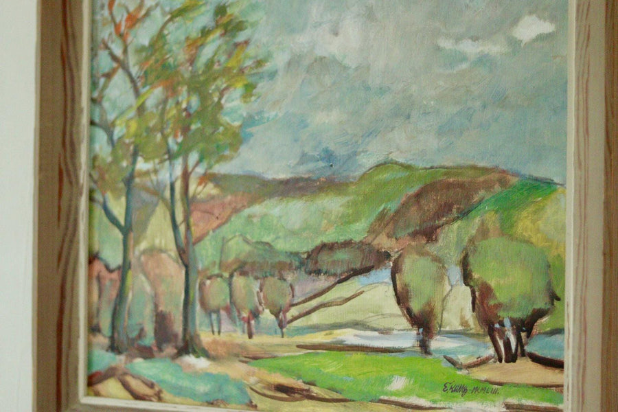 Mid-Century Original Swedish Oil on Panel " Landscape with Trees"