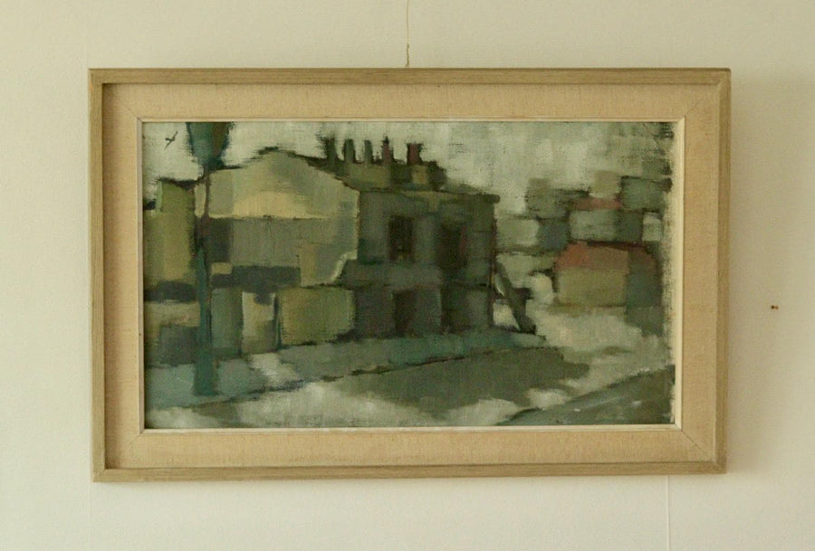 Mid-Century Original Swedish Oil on Canvas "Houses"