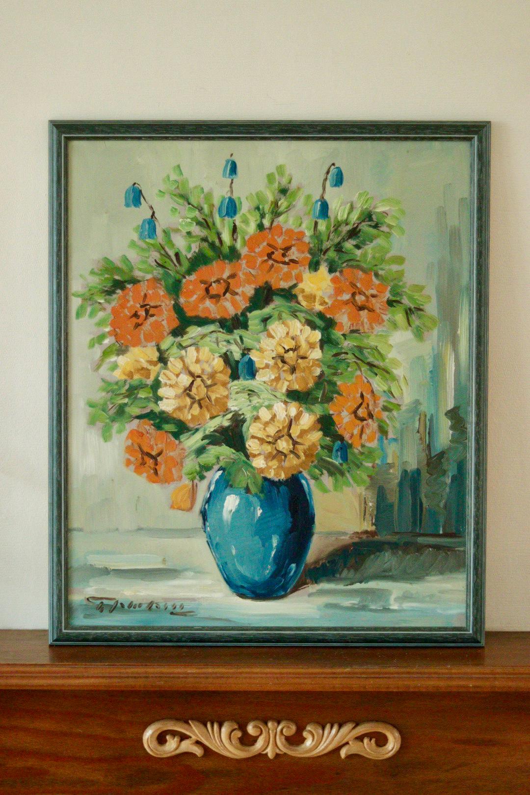 Original Vintage Oil on Panel Painting "Flowers in Vase"