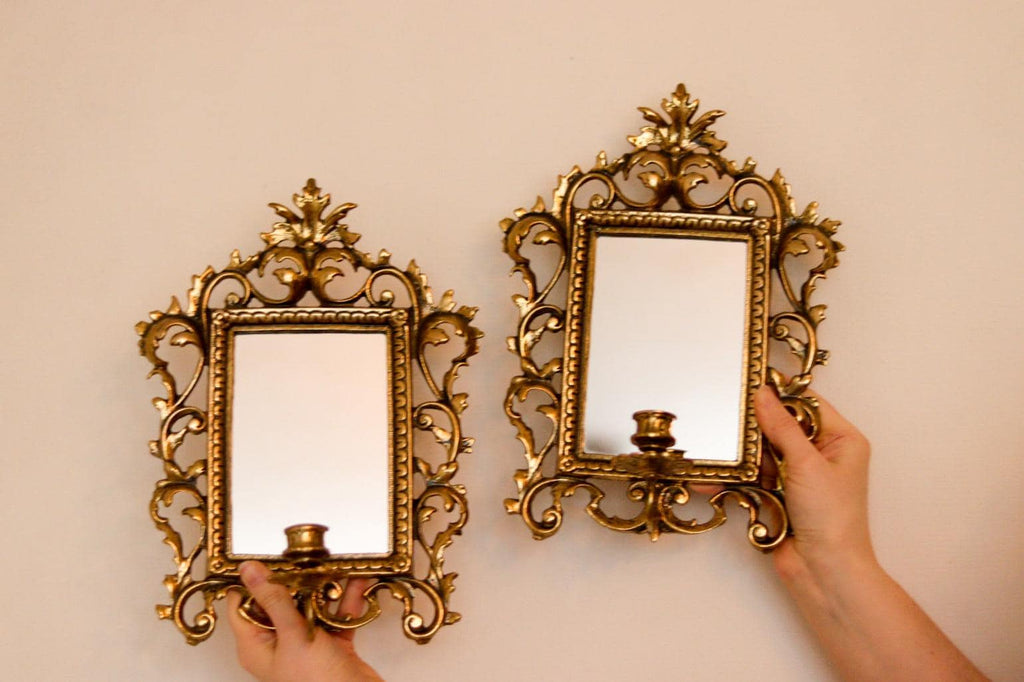 Pair of Swedish Brass Sconces with Mirror