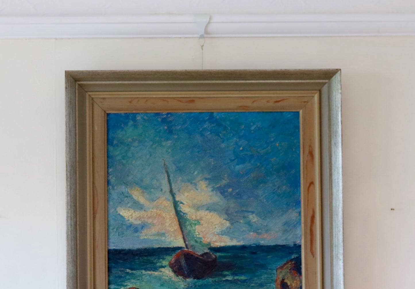 Mid-20th Century Original Oil on Panel – Ship at Sea