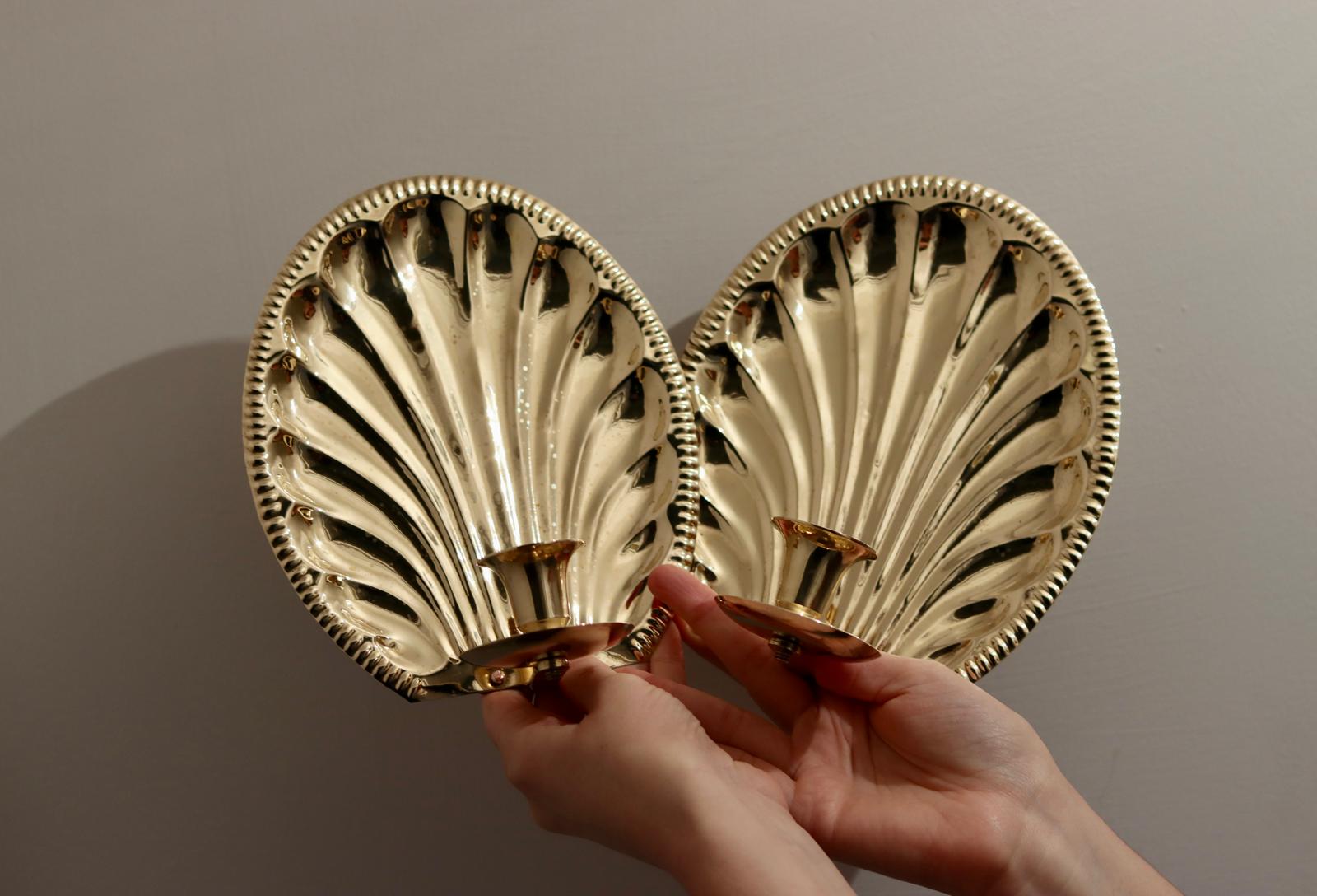 Pair of Vintage Brass Sconces with Scallop Detail