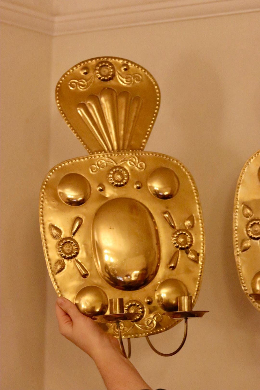 Baroque Style Large Mid-Century Brass Swedish Sconces