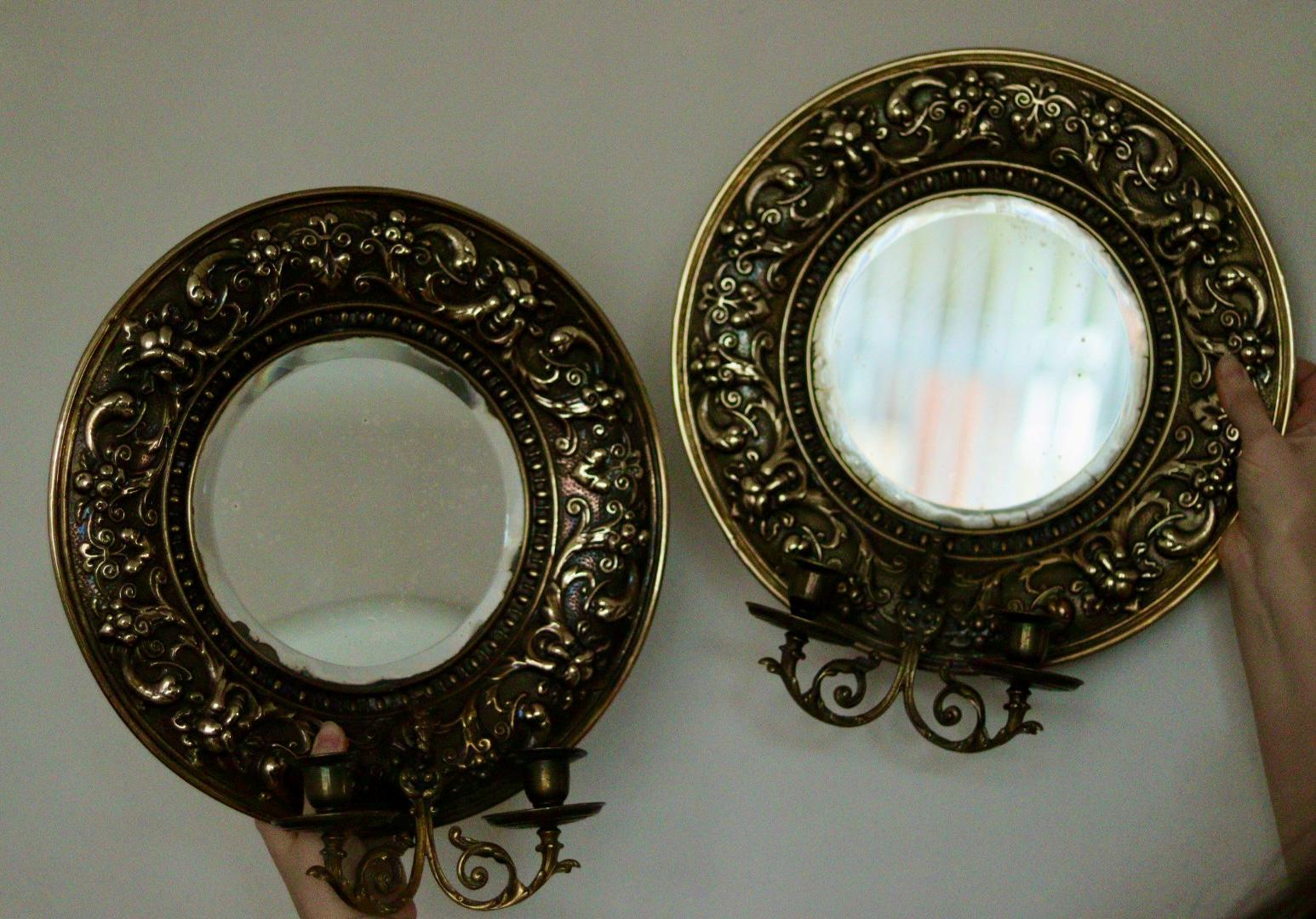 Pair of Antique Swedish Brass Sconces with Mirror